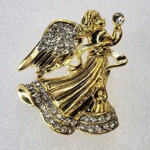 Shiny Gold Angel Brooch with Crystal Rhinestones